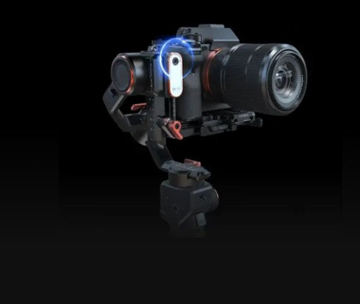 Professional camera mounted on a high-tech camera gimbal stabilizer, ensuring smooth and steady shots for videography.
