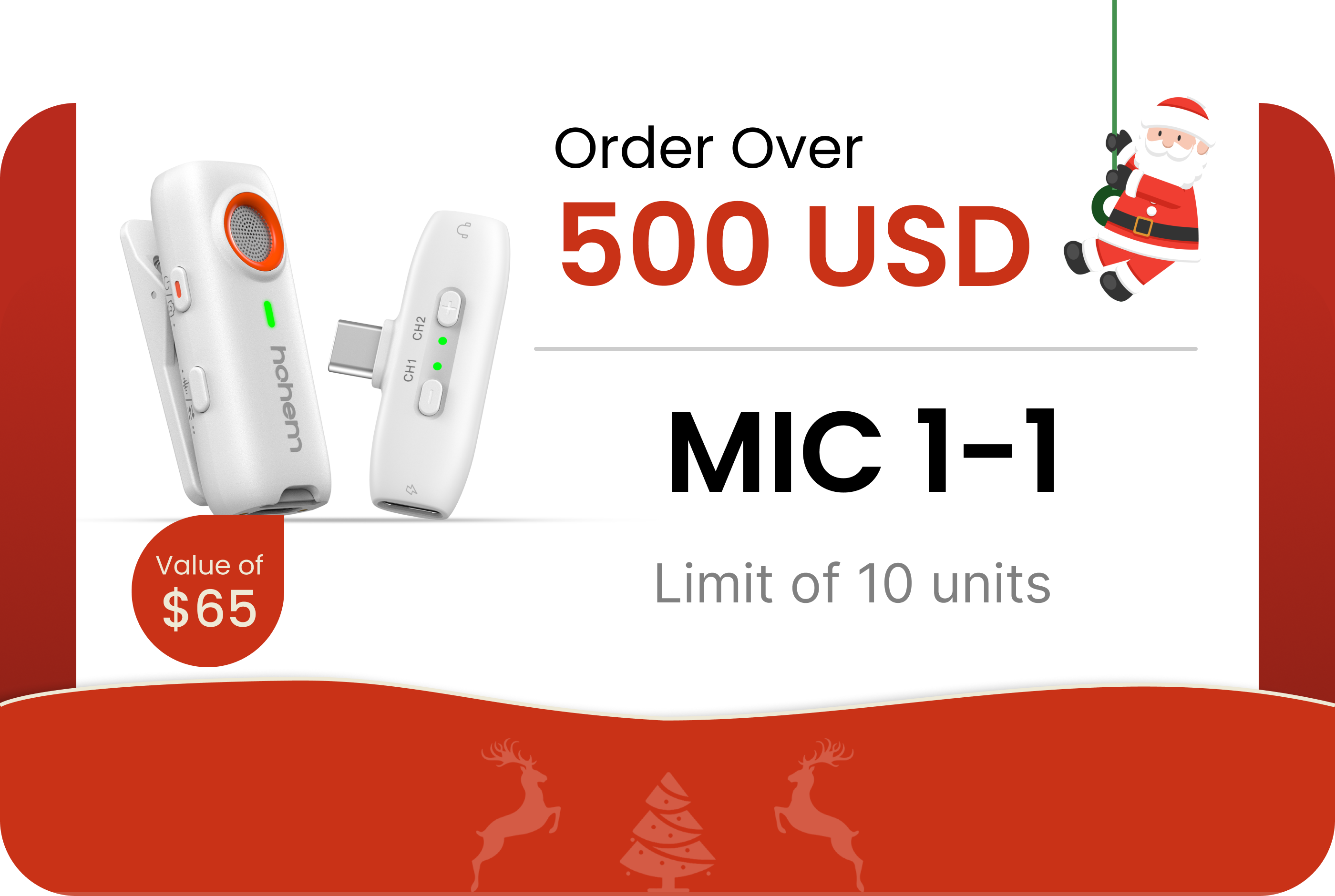 Hohem Christmas deal showing a free MIC 1-1 wireless microphone for purchases over 500 USD, displayed with festive Christmas graphics.
