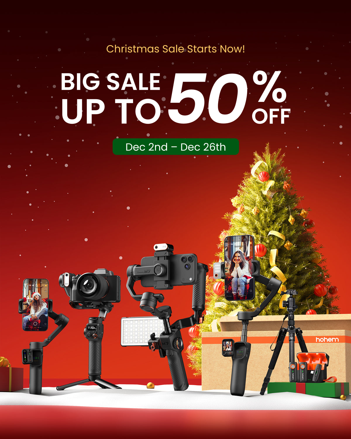 Hohem Christmas Sale banner showing up to 50% off gimbals, including camera and smartphone stabilizers displayed beside a decorated Christmas tree.