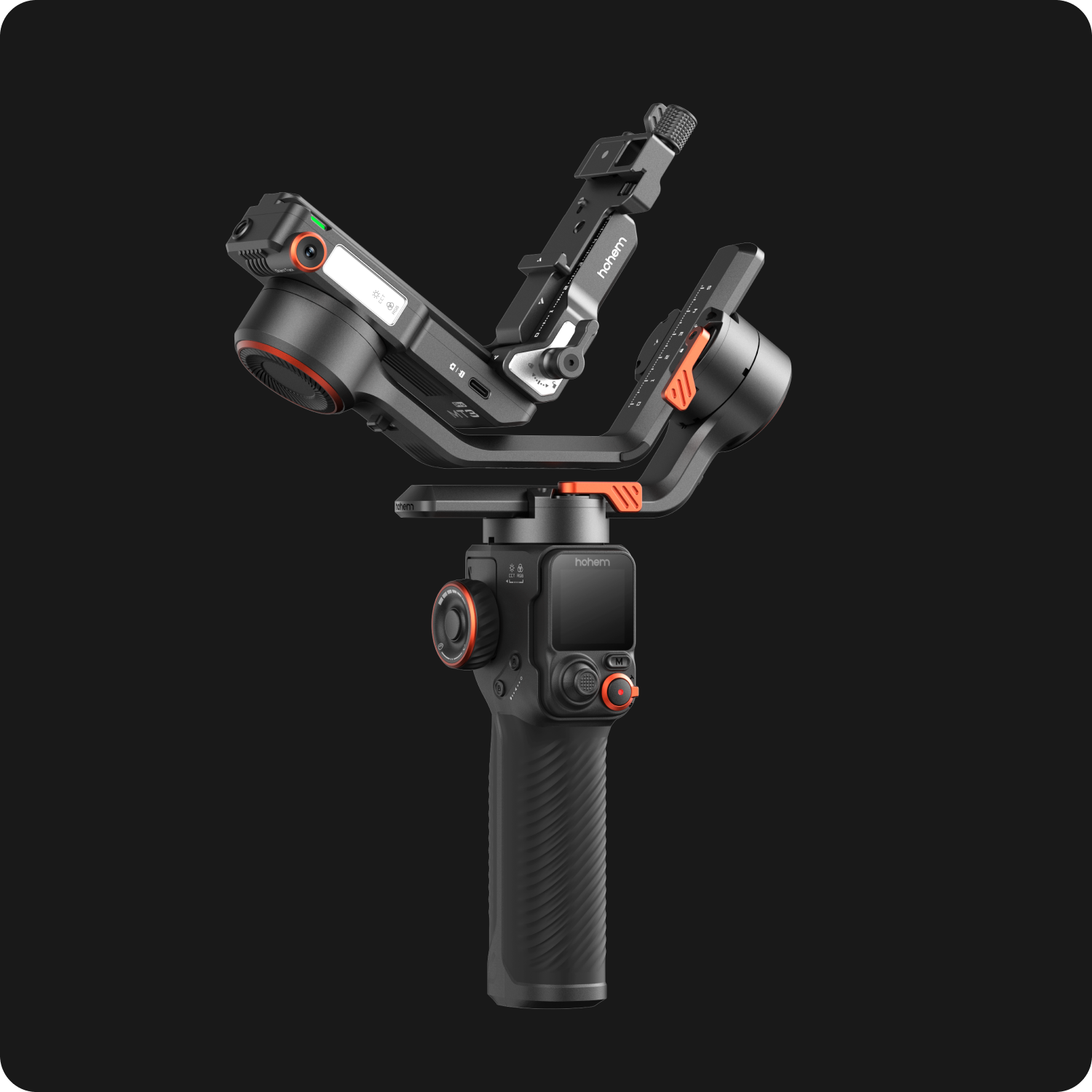 Camera stabilizer with black and orange design on a transparent background