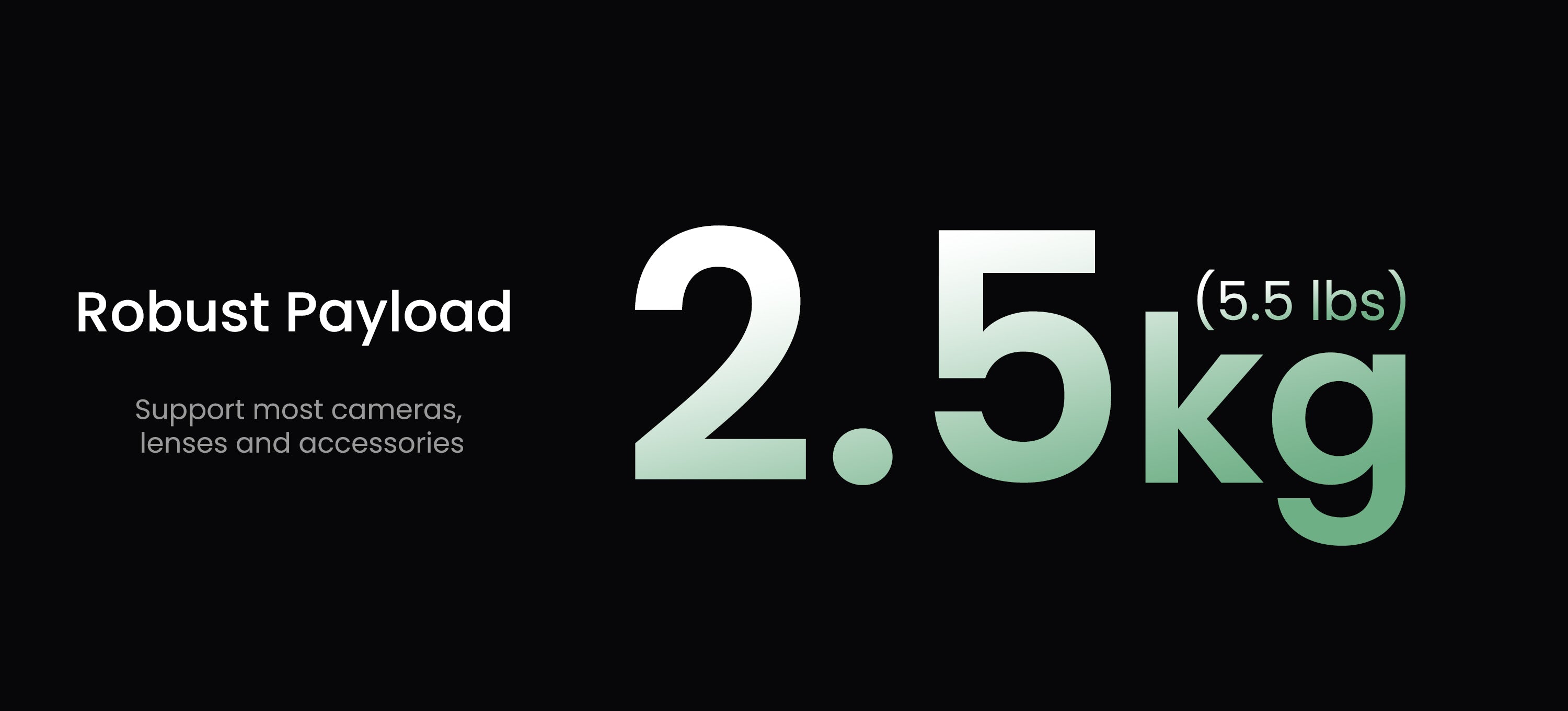 Text indicating a robust payload capacity of 2.5 kg on a black background