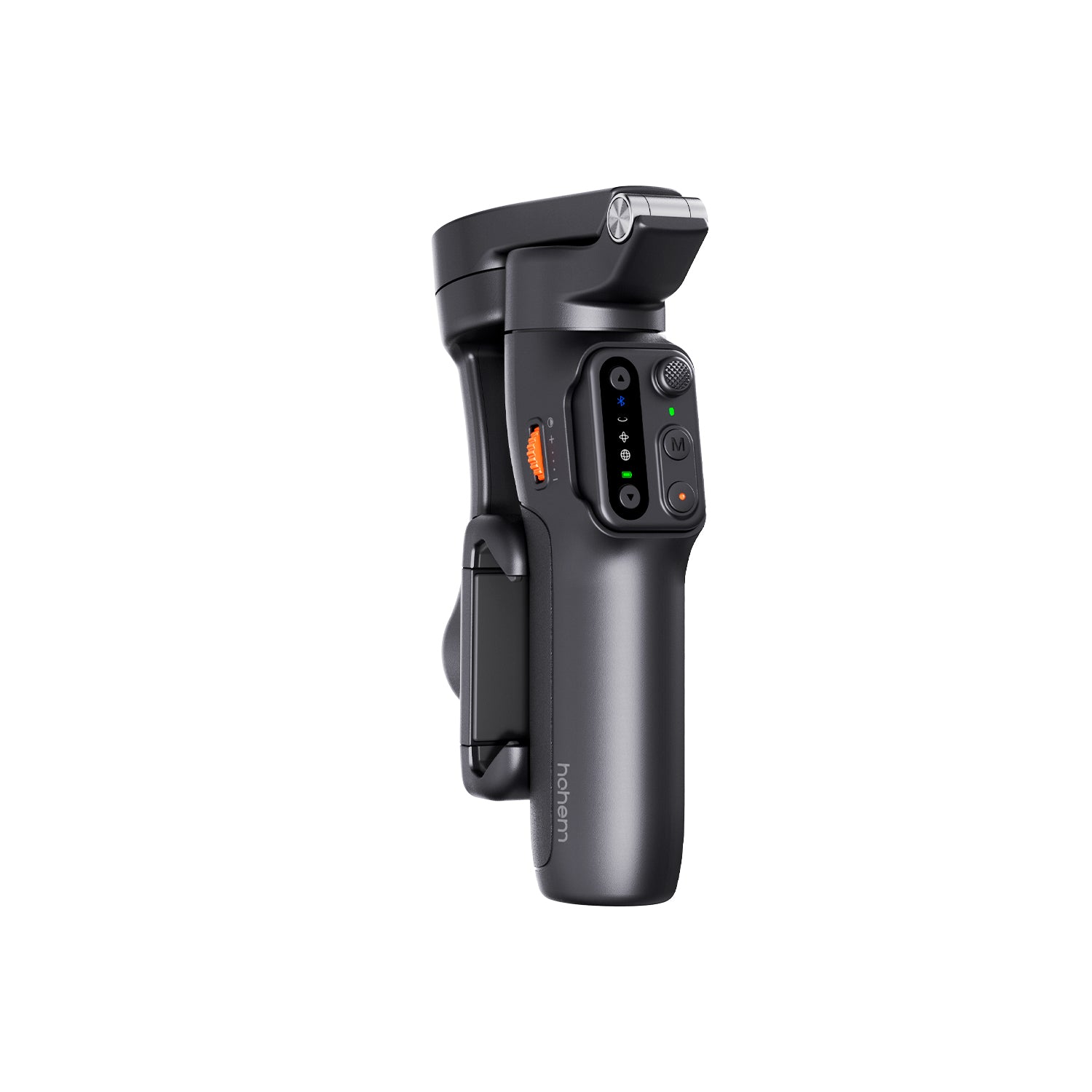 Hohem iSteady Gimbal X3 SE Plus folded for portability, showing the compact profile, control buttons, and orange charging indicator on the handle.