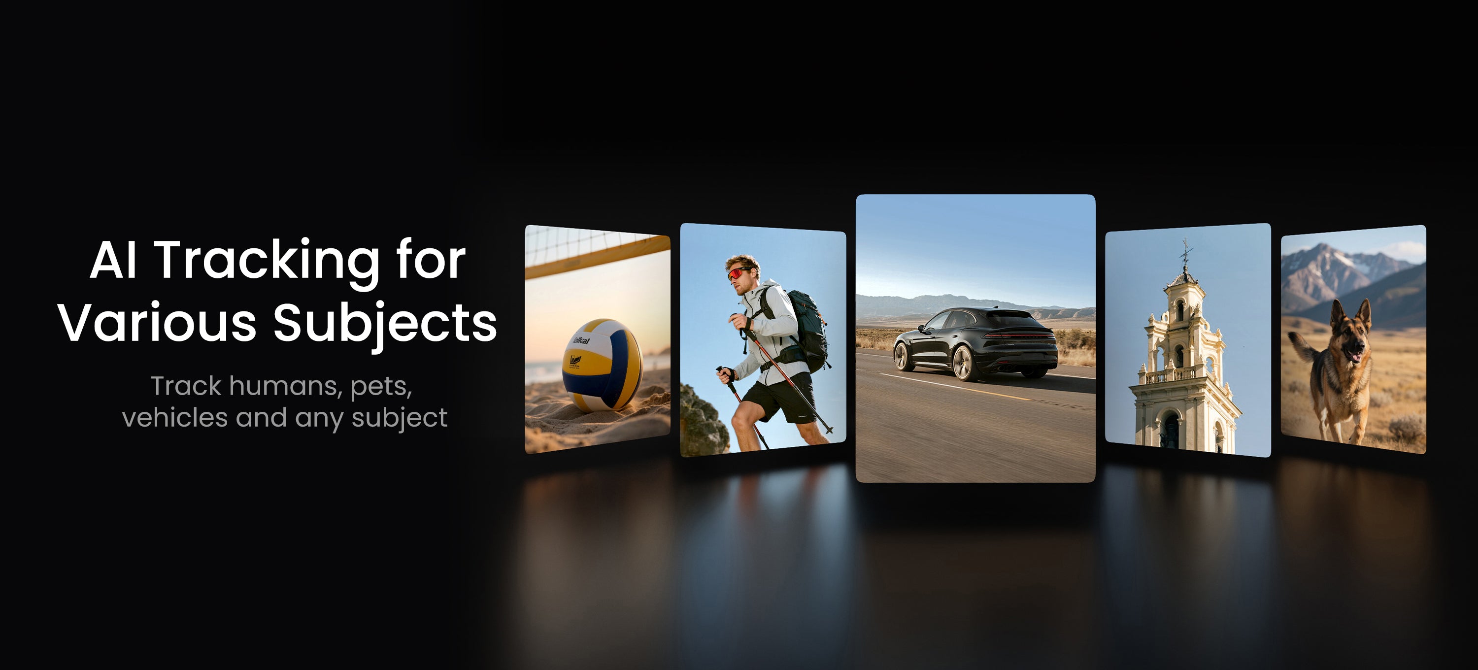 Multiple screens displaying images of people, animals, and vehicles with text about AI tracking capabilities.