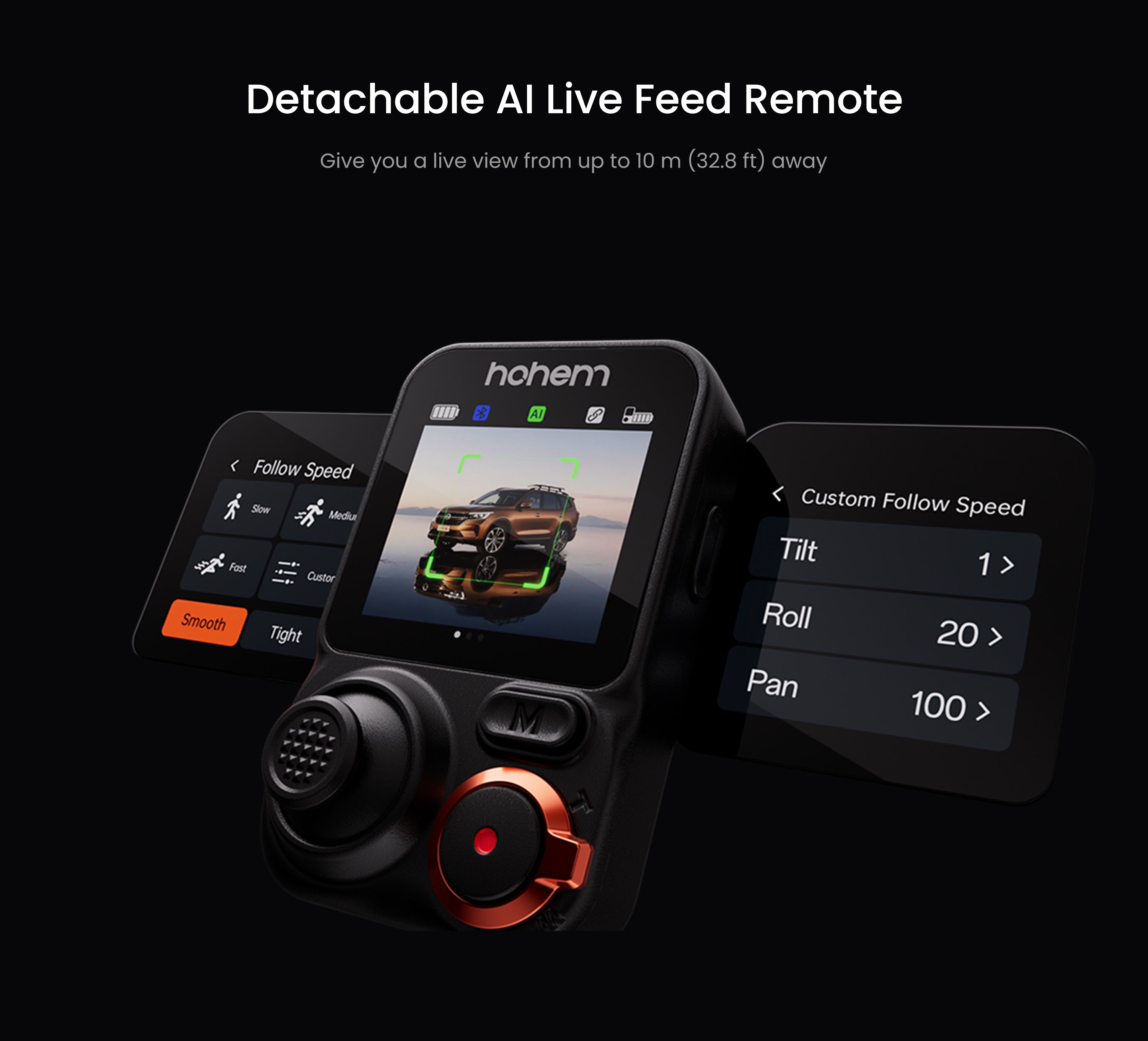 Detachable AI live feed remote on Hohem iSteady MT3 Pro showing real-time subject tracking and follow controls