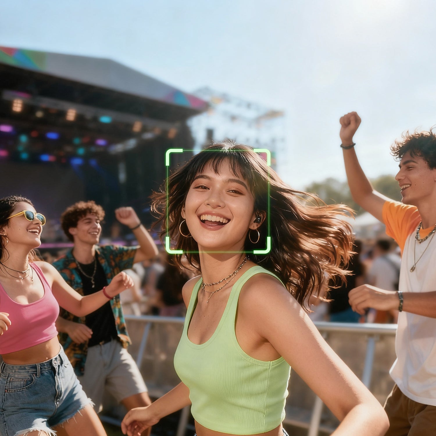 People enjoying a music festival with a woman in a green top smiling at the camera.