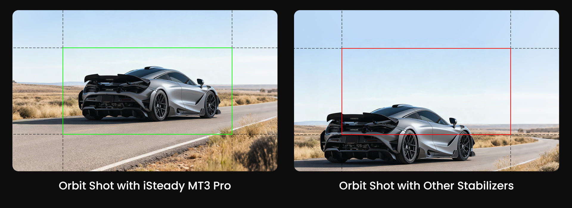 Comparison of Orbit Shot with iSteady MT3 Pro and other stabilizers on a car on a road.