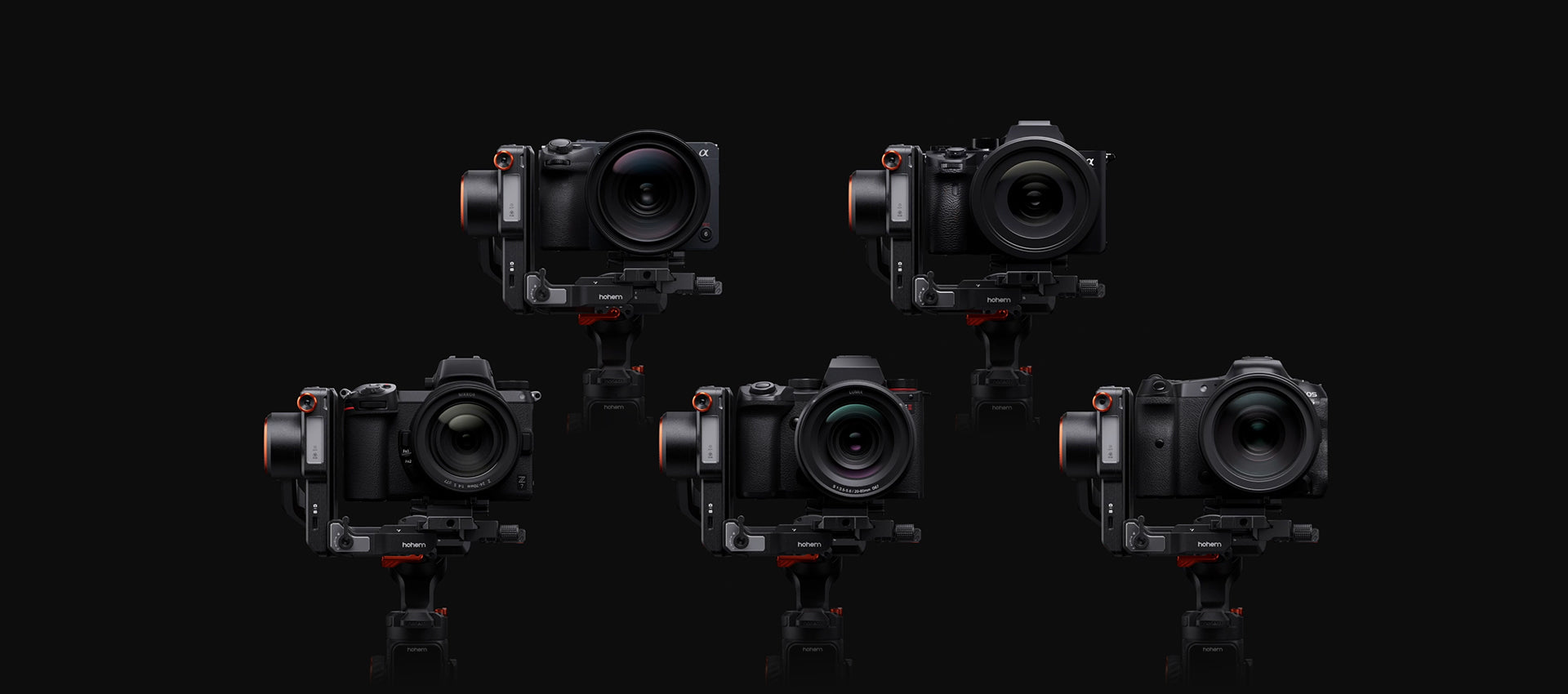 Multiple camera models attached to the Hohem iSteady MT3 pro camera gimbal displayed on a black background